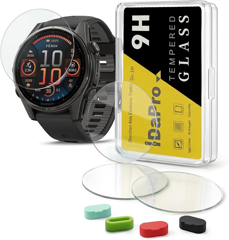 iDaPro [4+4 Pack Screen Protector for Garmin Fenix 8 AMOLED 43mm with Silicone Anti-dust Plugs, 9H Tempered Glass Protection Kit in Reusable Storage Case, Anti-Scratch,Bubble-Free,Easy Installation - Image 1